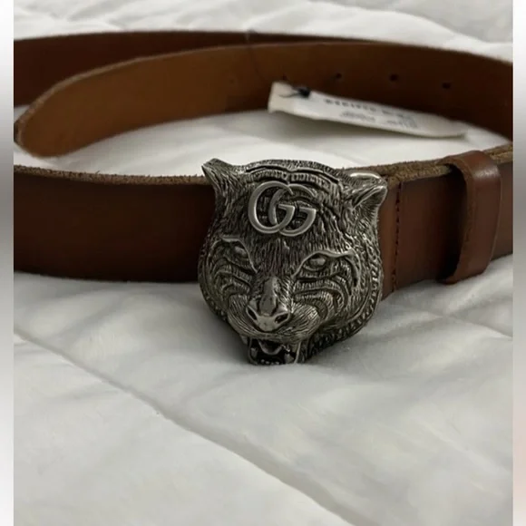 New Gucci Brown Leather Belt with silver Tiger Head Buckle - Picture 2 of 11